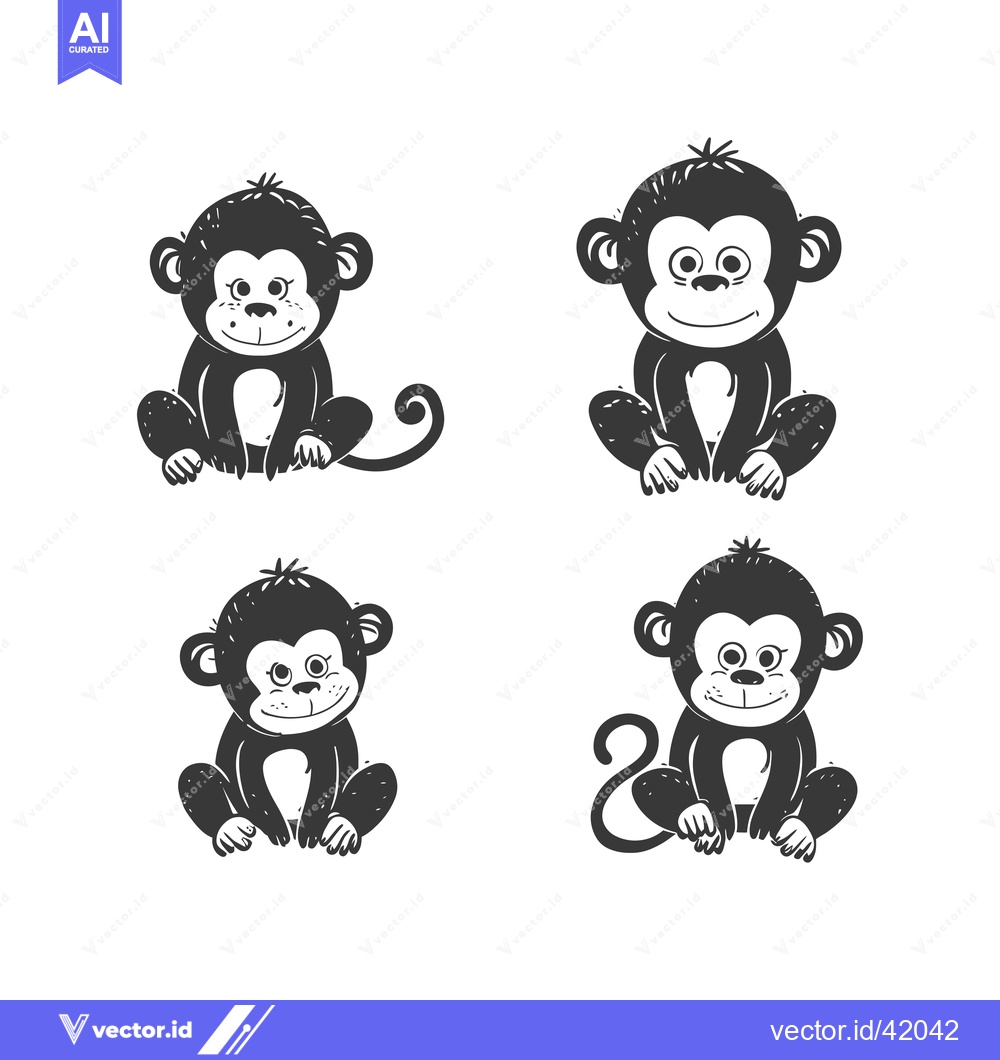 Premium Vector of Four Black and White Silhouettes of Cartoon Monkeys