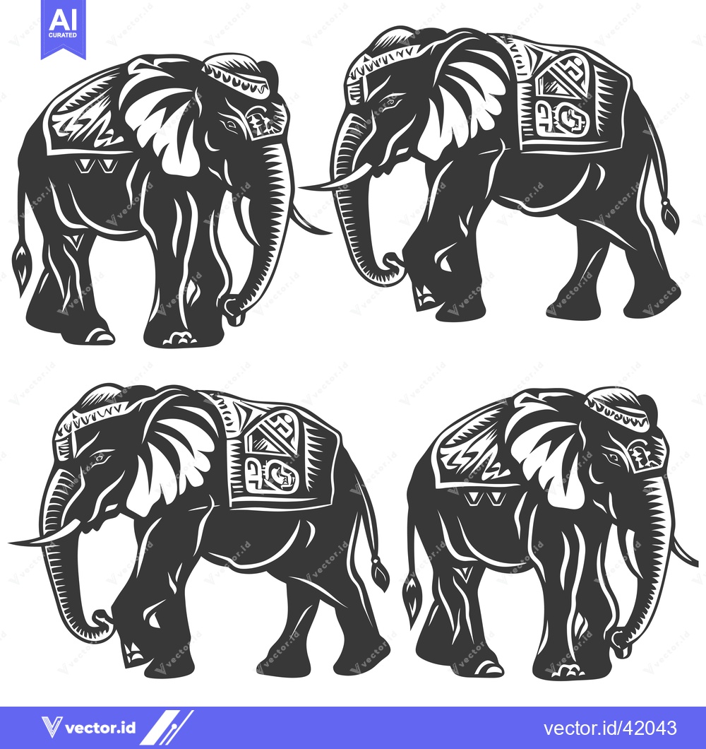 Premium Vector dari Four Black and White Silhouettes of Decorated Elephants