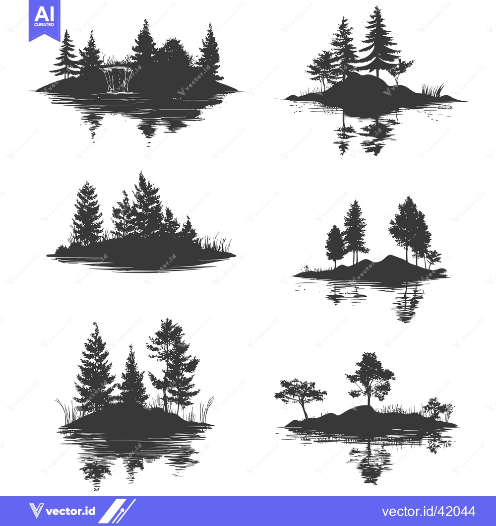 Premium Vector dari Four Black and White Silhouettes of Islands with Trees and Reflections