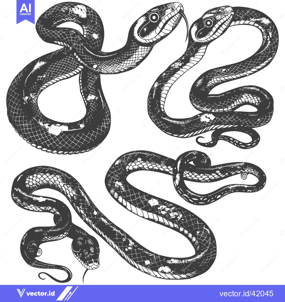 Premium Vector dari Four Black and White Snakes in Various Poses