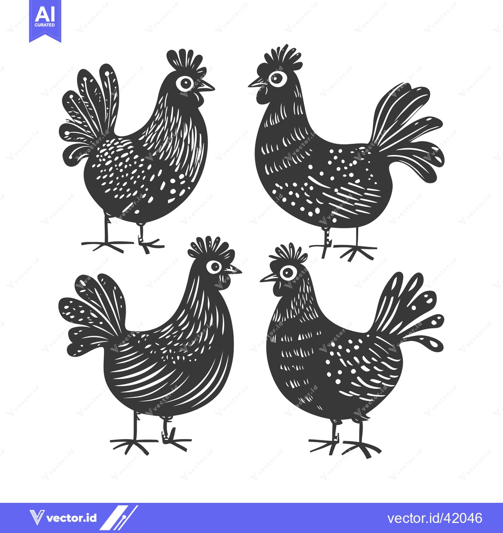 Premium Vector of Four Black and White Stylized Chickens