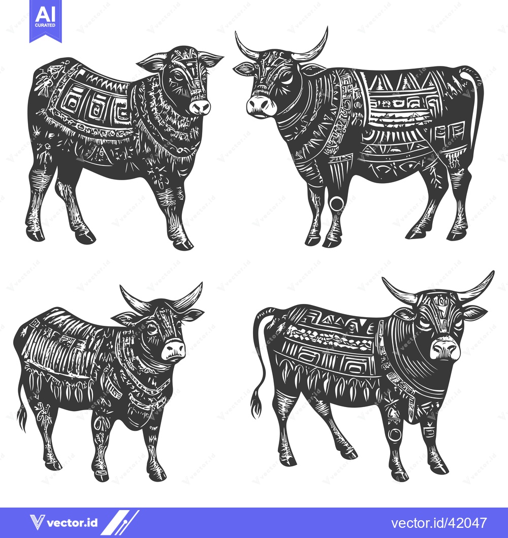 Premium Vector dari Four Black and White Stylized Cows with Ornate Patterns