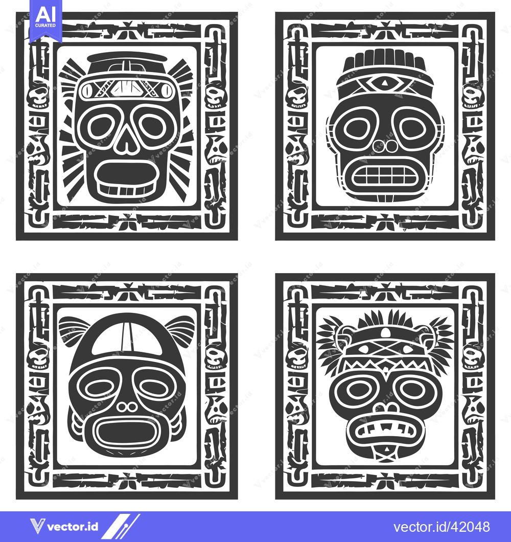 Premium Vector dari Four Black and White Tribal Masks with Detailed Frames