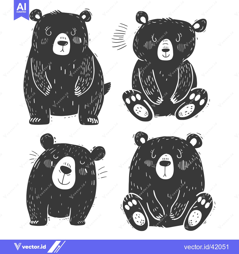 Premium Vector of Four black bears in different poses, hand-drawn in black and white.