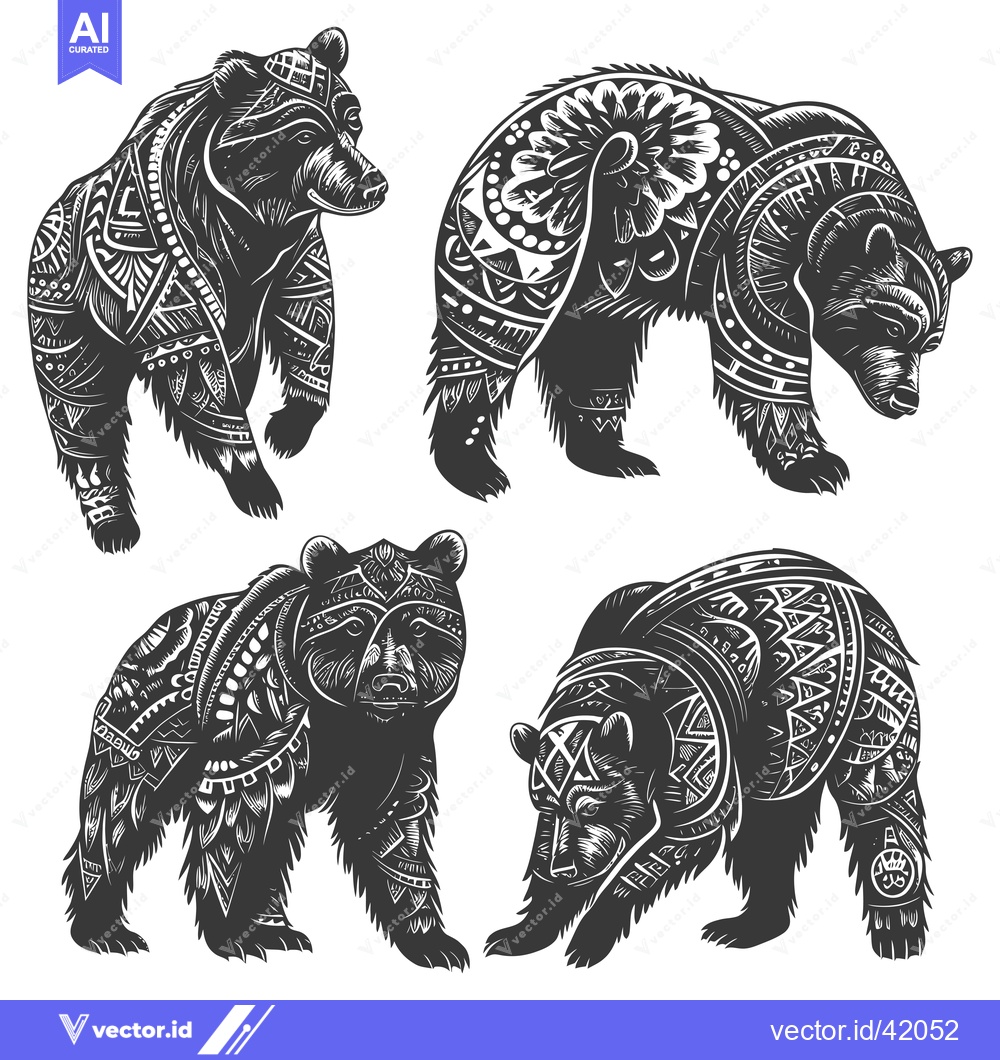 Premium Vector dari Four Black Bears with Intricate Tribal Patterns