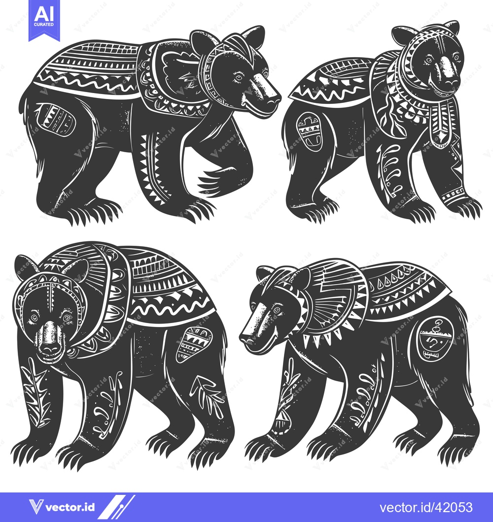 Premium Vector of Four Black Bears with Tribal Geometric Pattern Decor