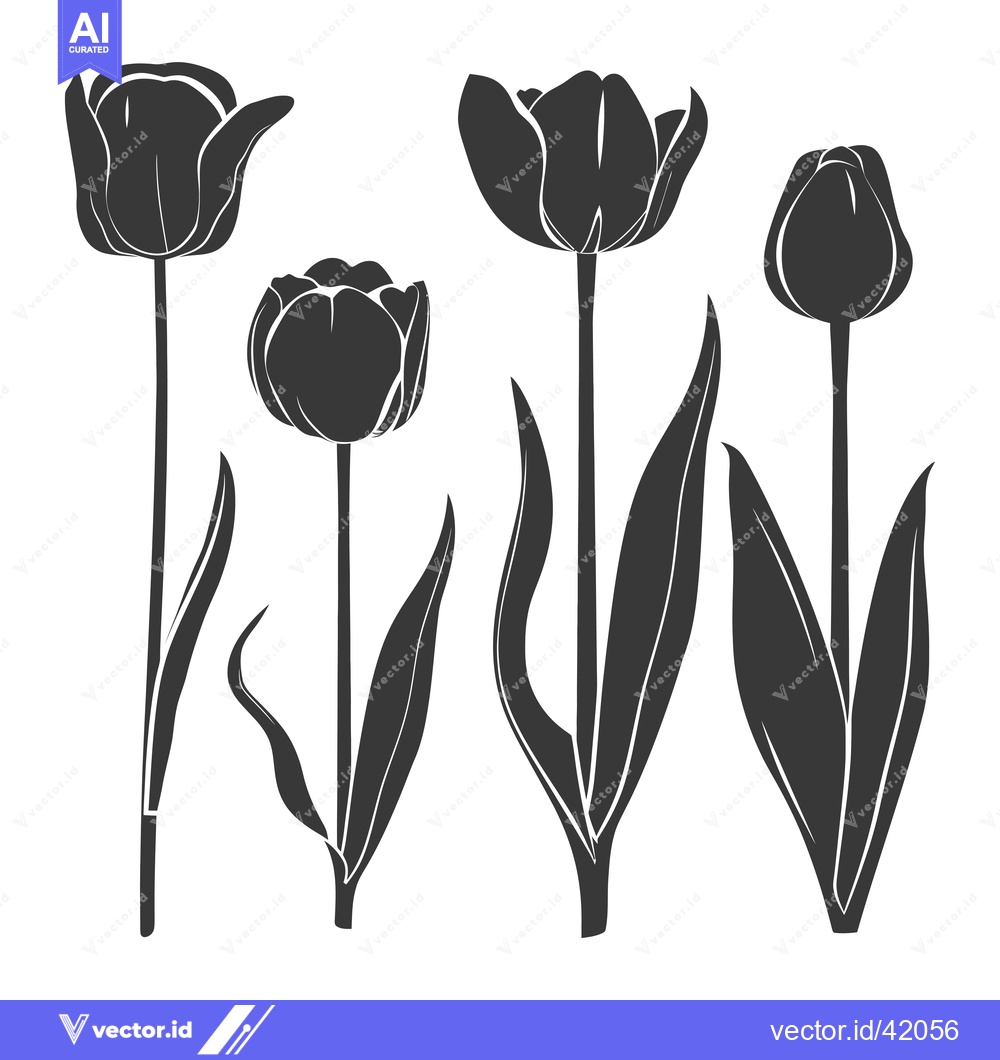 Premium Vector dari Four Black Silhouettes of Tulips with Stems and Leaves