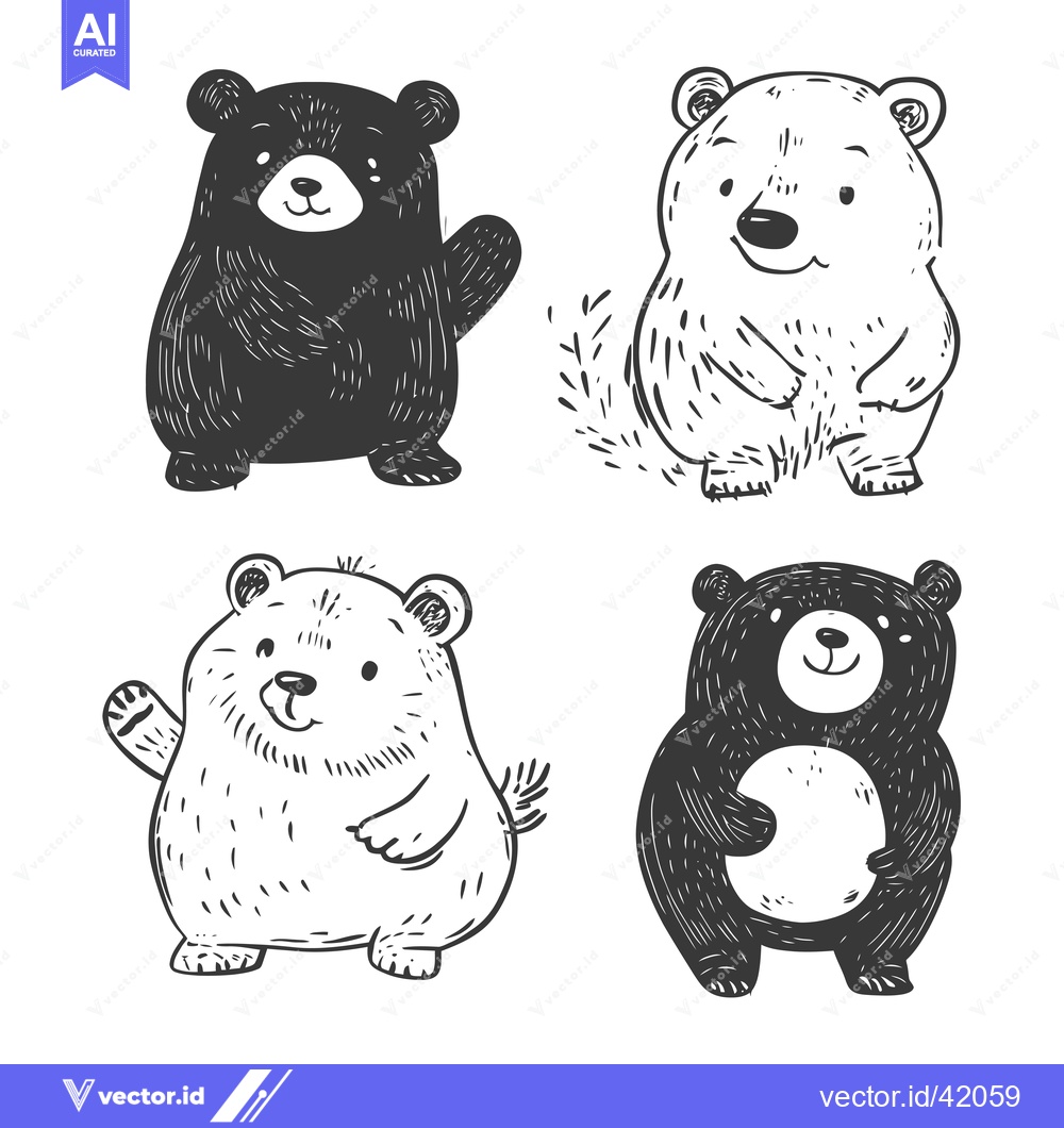 Premium Vector dari Four Cartoon Bears in Black and White Sketch Style