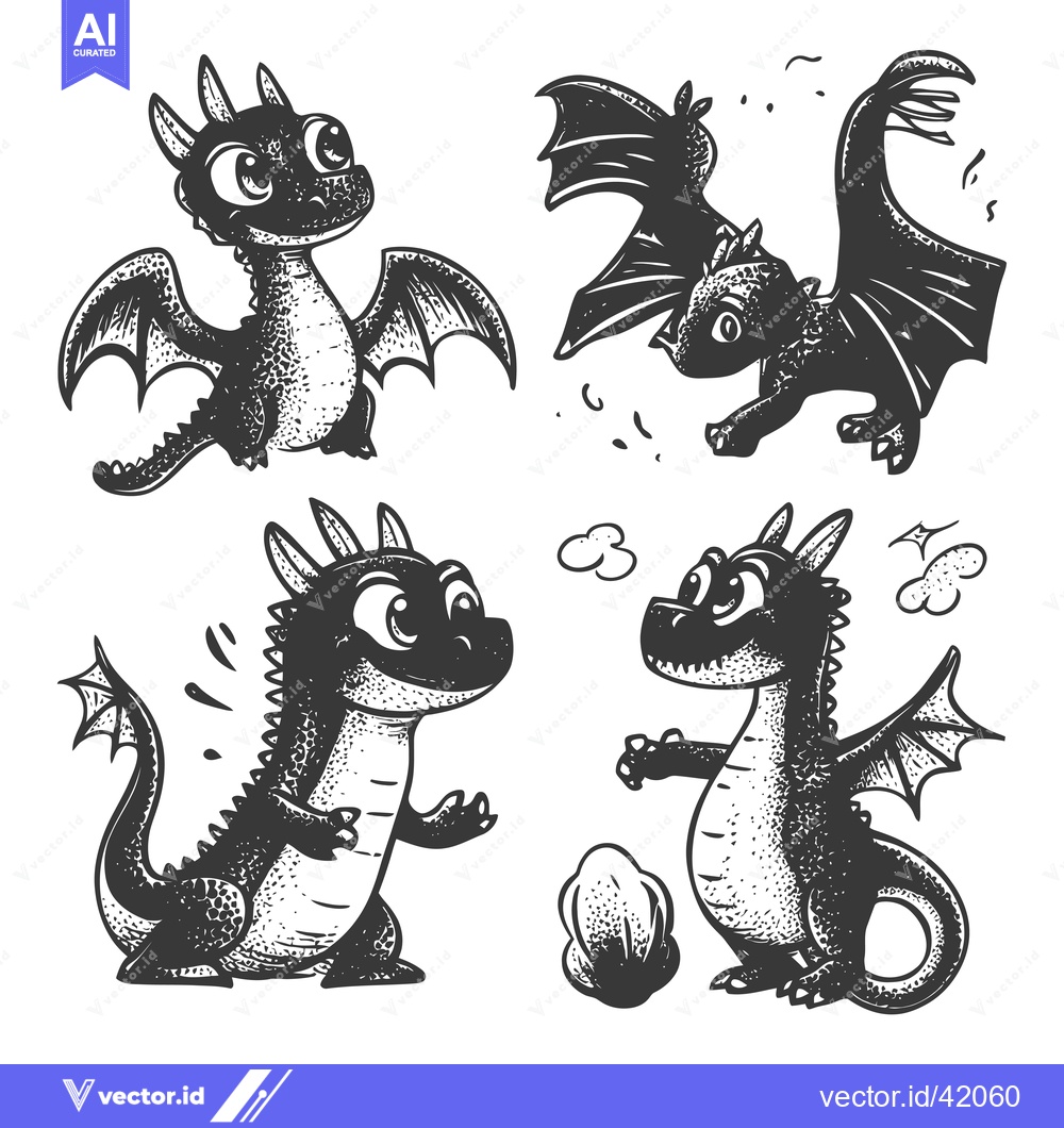Premium Vector of Four Cartoon Dragons in Various Poses, Black and White Sketch Style