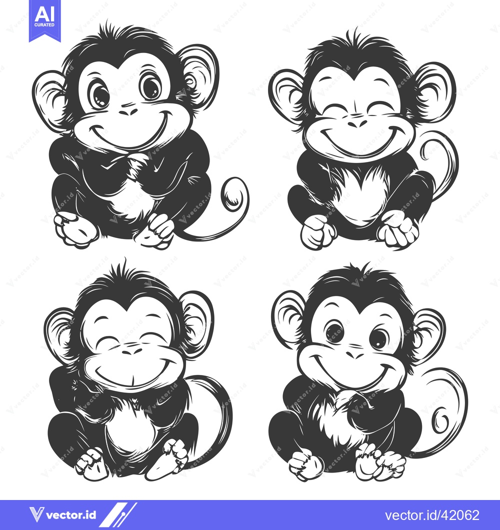Premium Vector dari Four Cartoon Monkeys with Different Facial Expressions