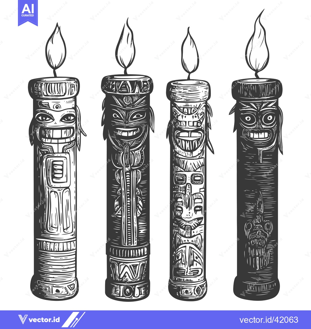 Premium Vector dari Four Carved Wooden Candles with Flames