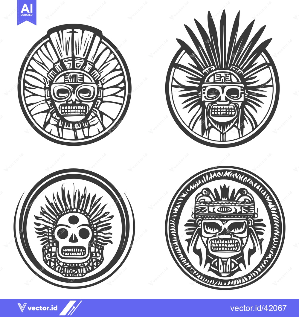Premium Vector of Four Circular Designs Featuring Detailed Skull Faces with Feathers and