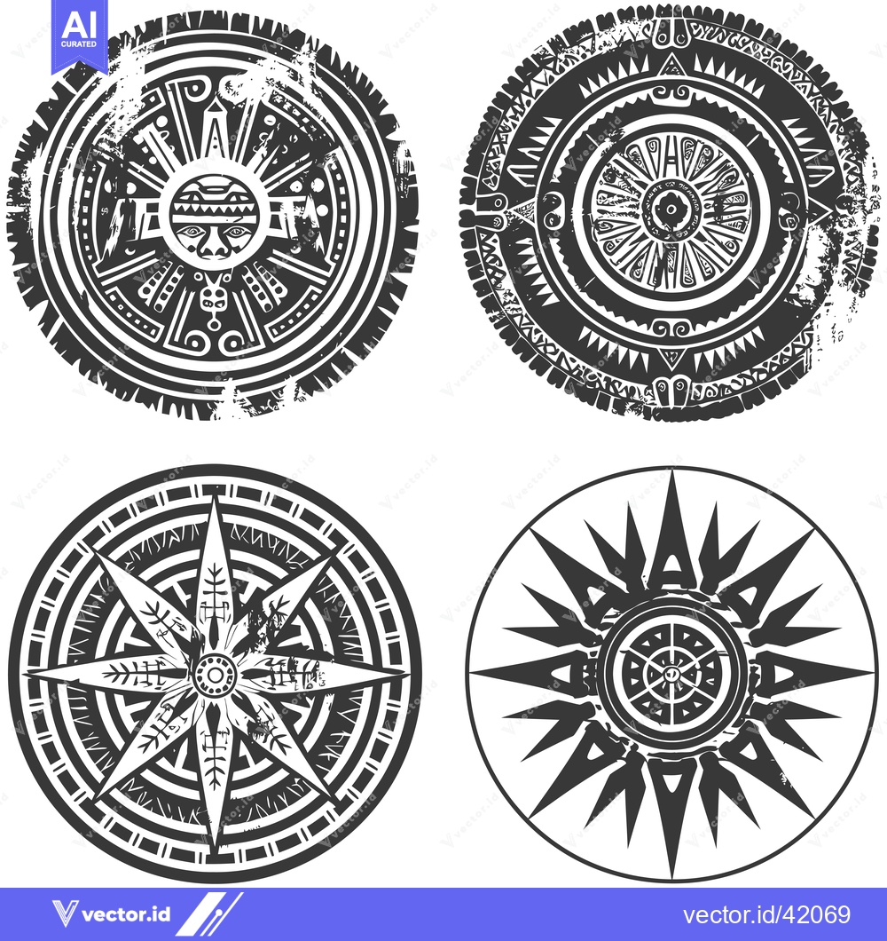 Premium Vector dari Four Circular Designs with Tribal Motifs and Grunge Textures