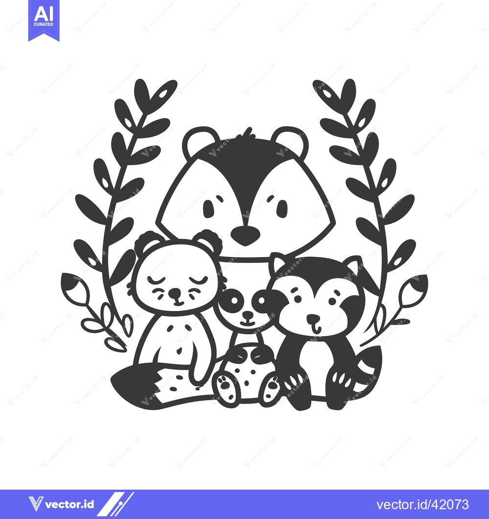 Premium Vector dari Four Cute Cartoon Animals Surrounded by Floral Wreath