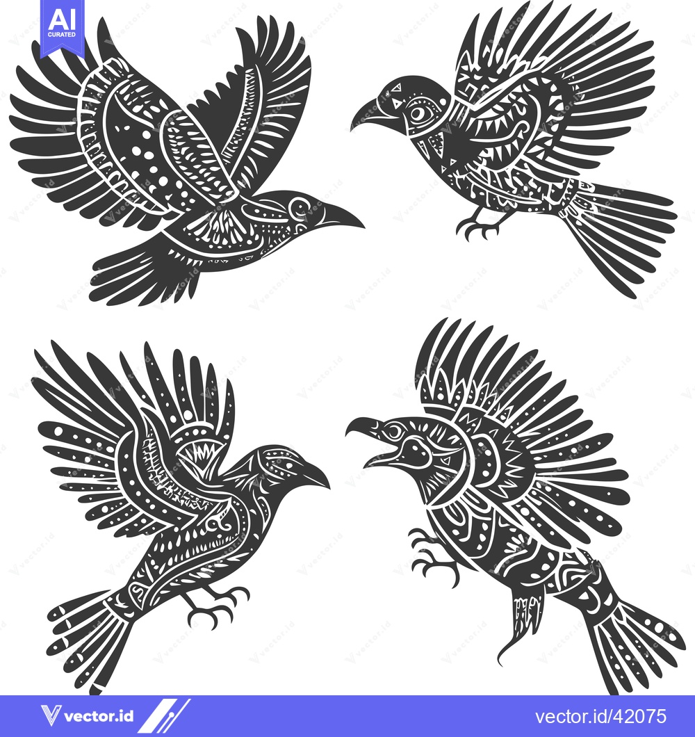 Premium Vector of Four Detailed Black and White Birds with Ornate Wings and Feathers