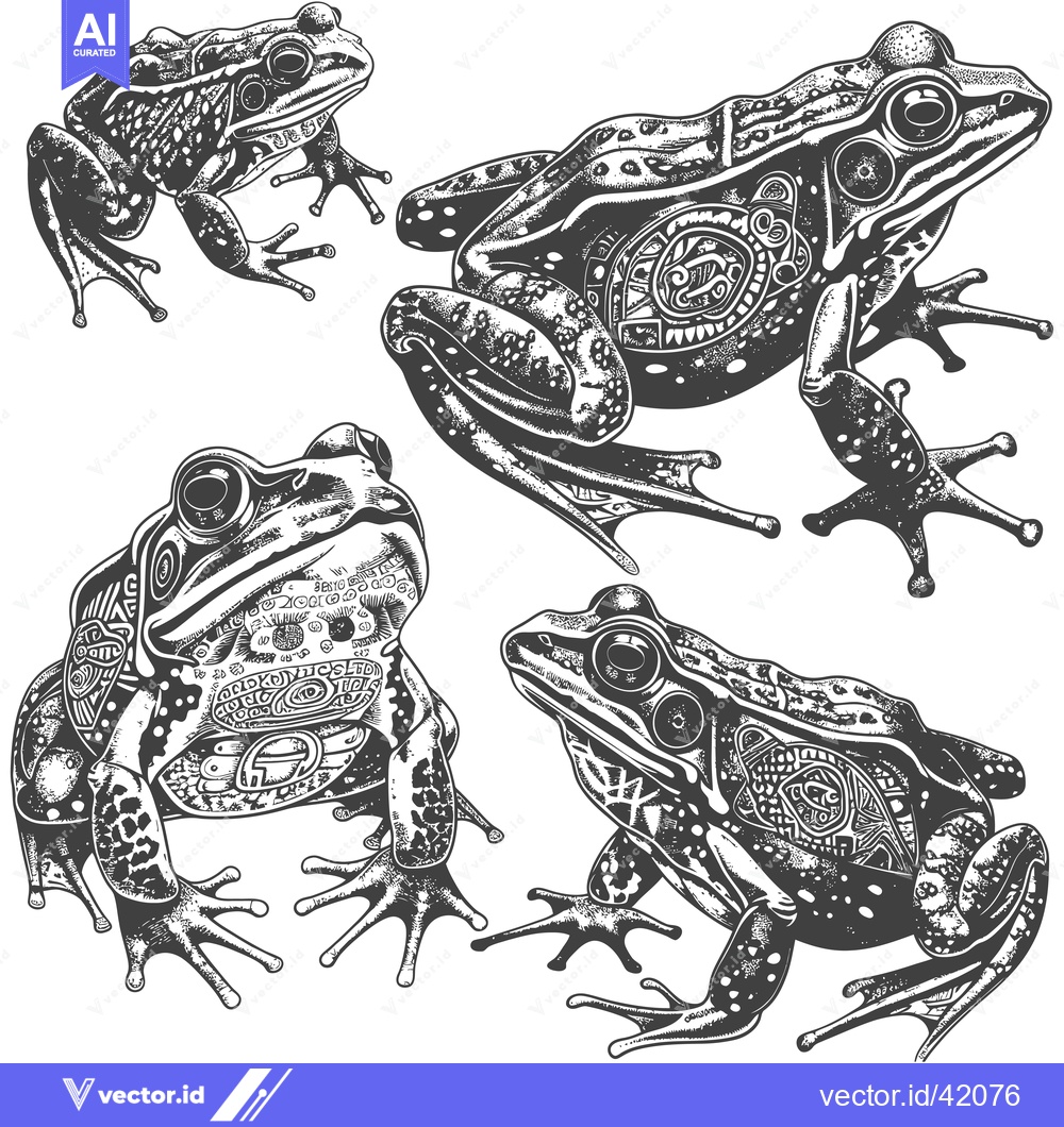 Premium Vector of Four Detailed Black and White Drawings of Frogs