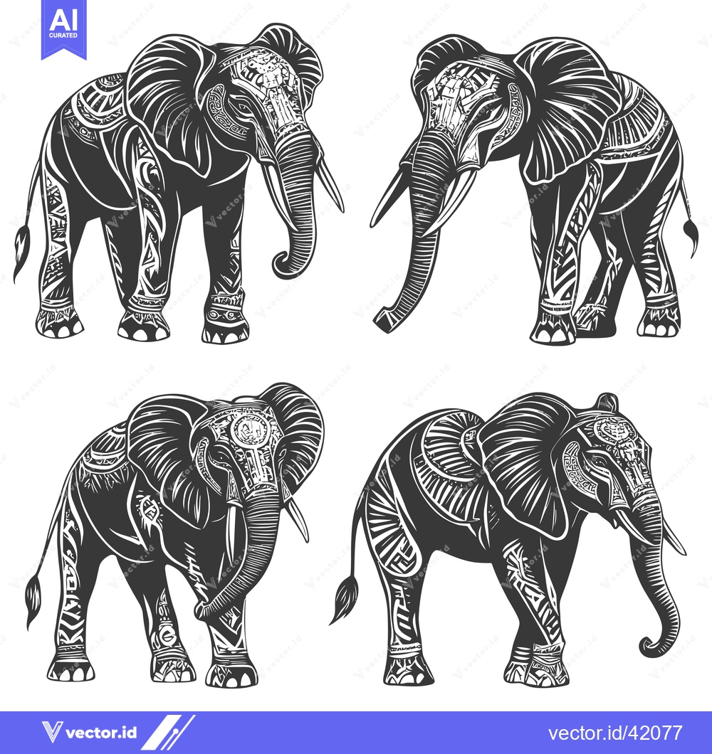 Premium Vector dari Four Detailed Black and White Elephants with Tribal Patterns