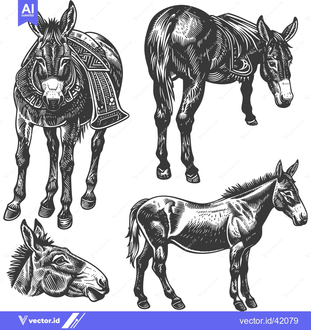 Premium Vector of Four Detailed Black and White Illustrations of Donkeys
