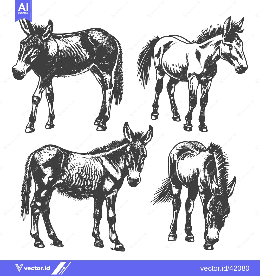 Premium Vector of Four Detailed Black and White Illustrations of Donkeys