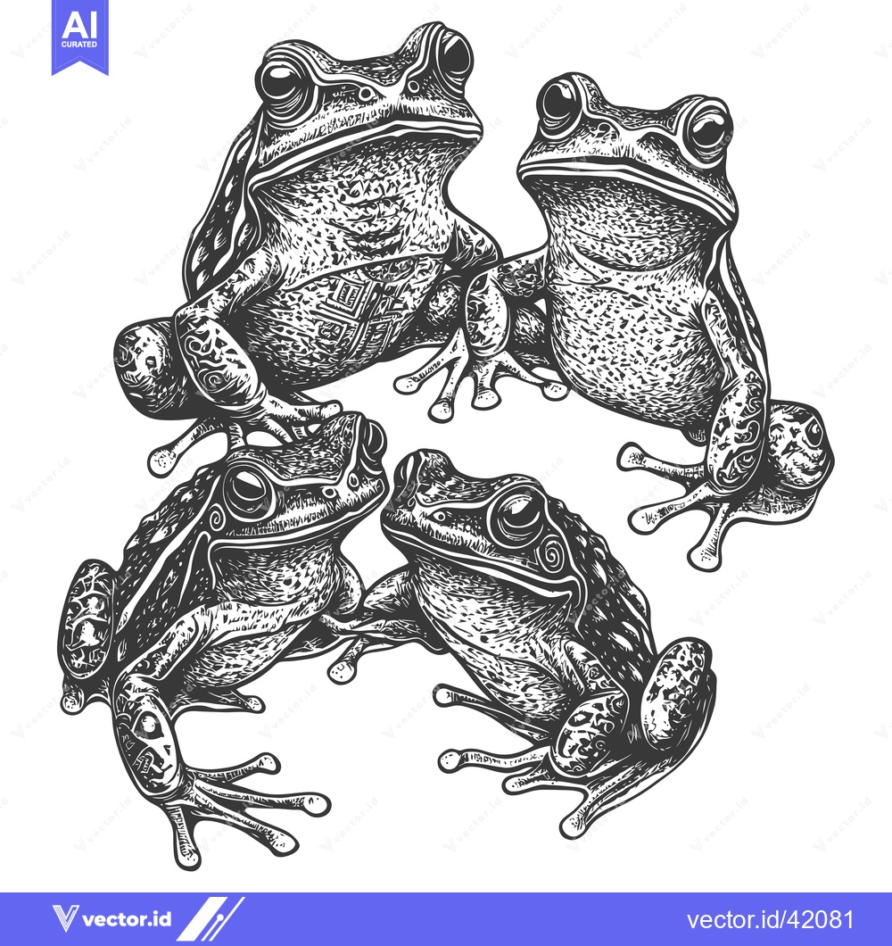 Premium Vector of Four Detailed Black and White Illustrations of Frogs