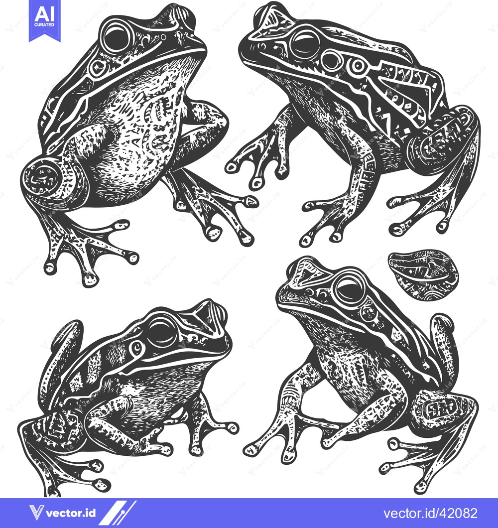 Premium Vector dari Four Detailed Black and White Illustrations of Frogs