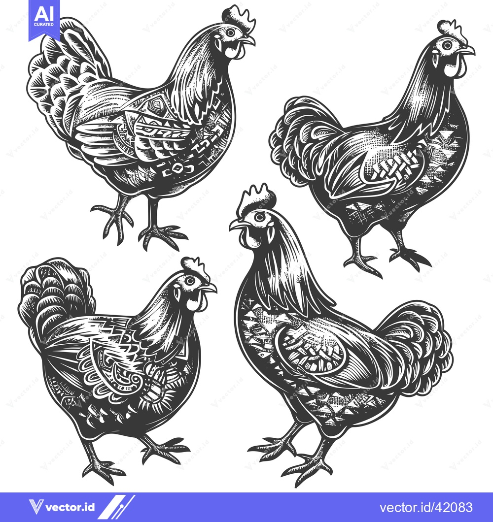 Premium Vector of Four Detailed Black and White Illustrations of Roosters
