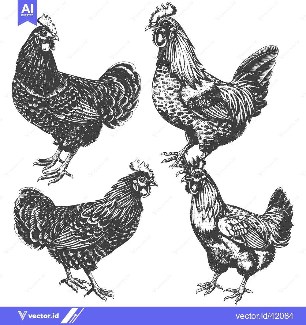 Premium Vector dari Four Detailed Black and White Illustrations of Roosters and Hens
