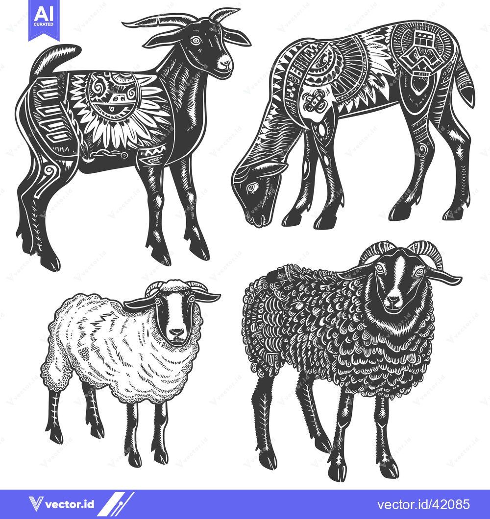 Premium Vector of Four Detailed Black and White Illustrations of Sheep and Goats