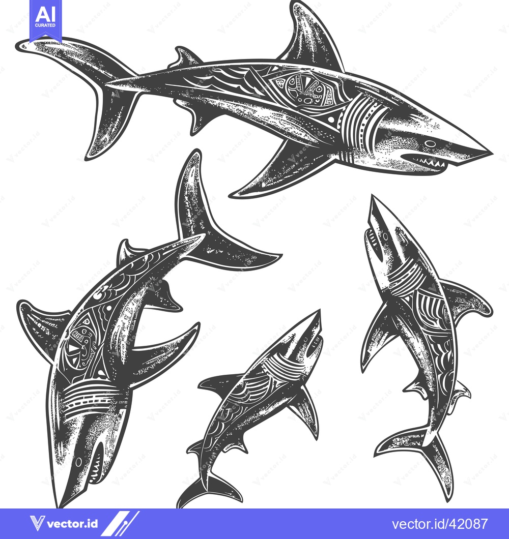 Premium Vector dari Four Detailed Black and White Shark Illustrations