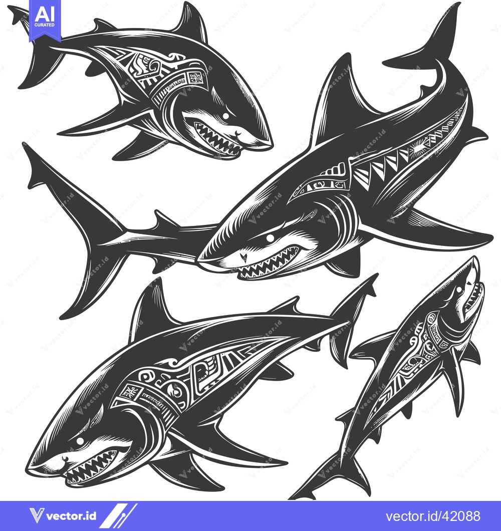 Premium Vector of Four Detailed Black and White Sharks with Ornamental Patterns