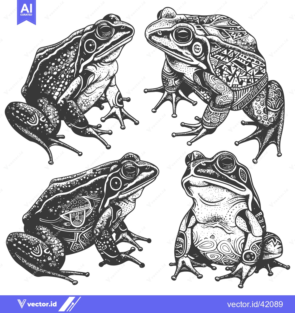 Premium Vector dari Four Detailed Drawings of Frogs with Ornamental Designs