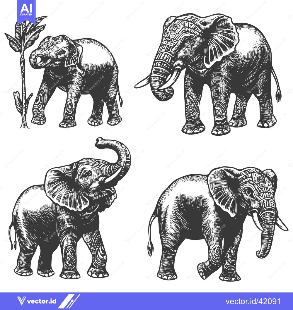 Premium Vector of Four Detailed Engravings of Elephants in Various Poses