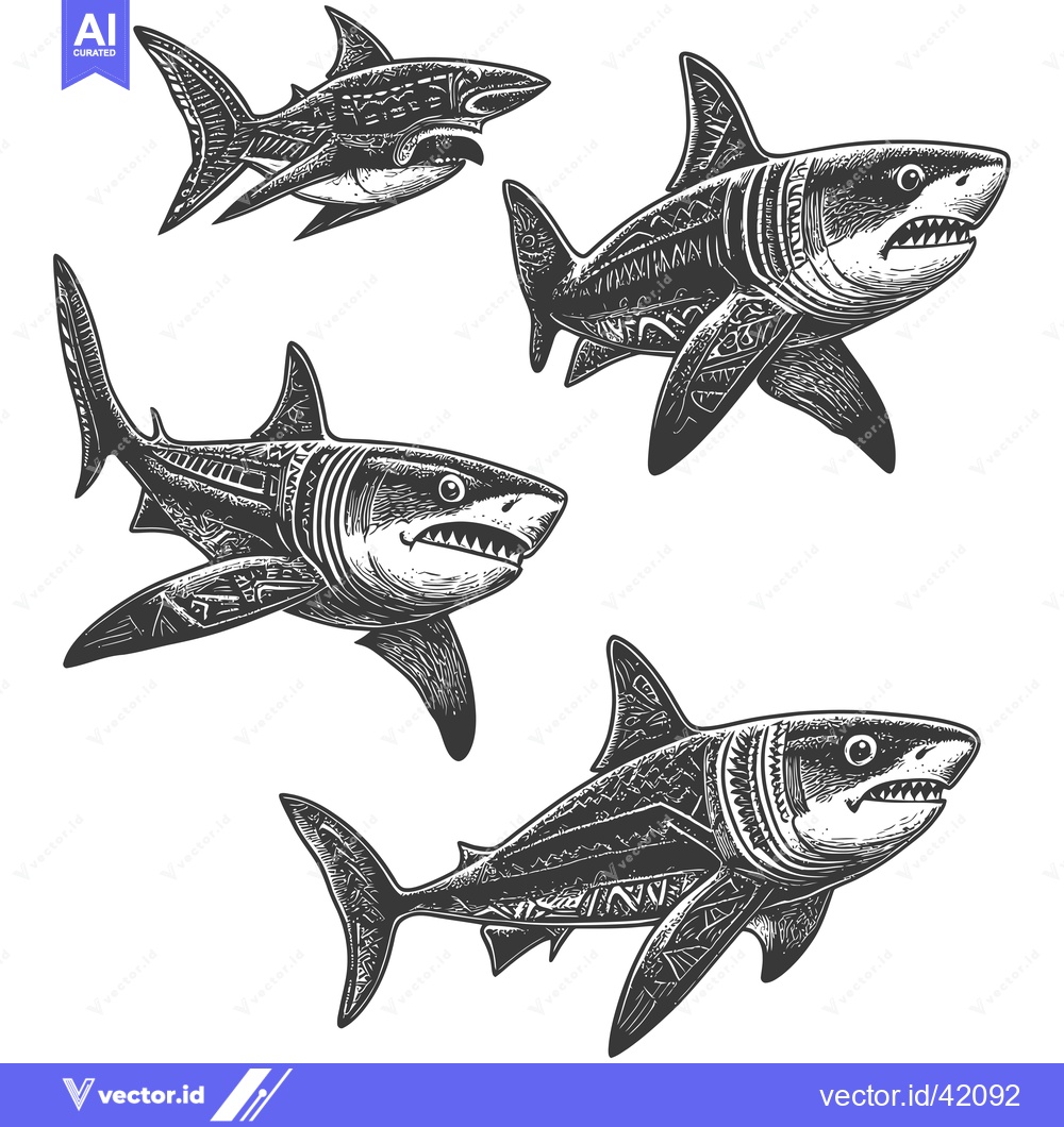 Premium Vector of Four Detailed Engravings of Sharks with Open Mouths