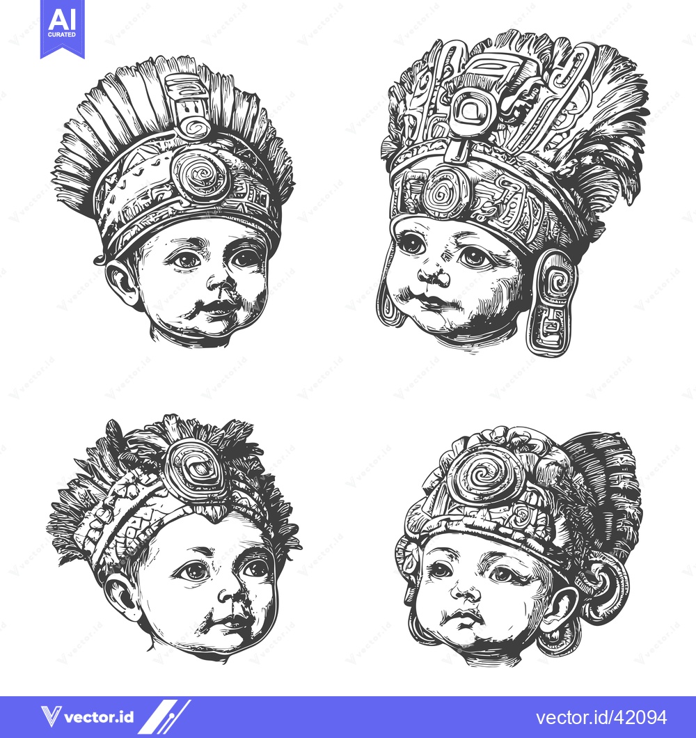 Premium Vector of Four Detailed Illustrations of Babies Wearing Ornate Headdresses