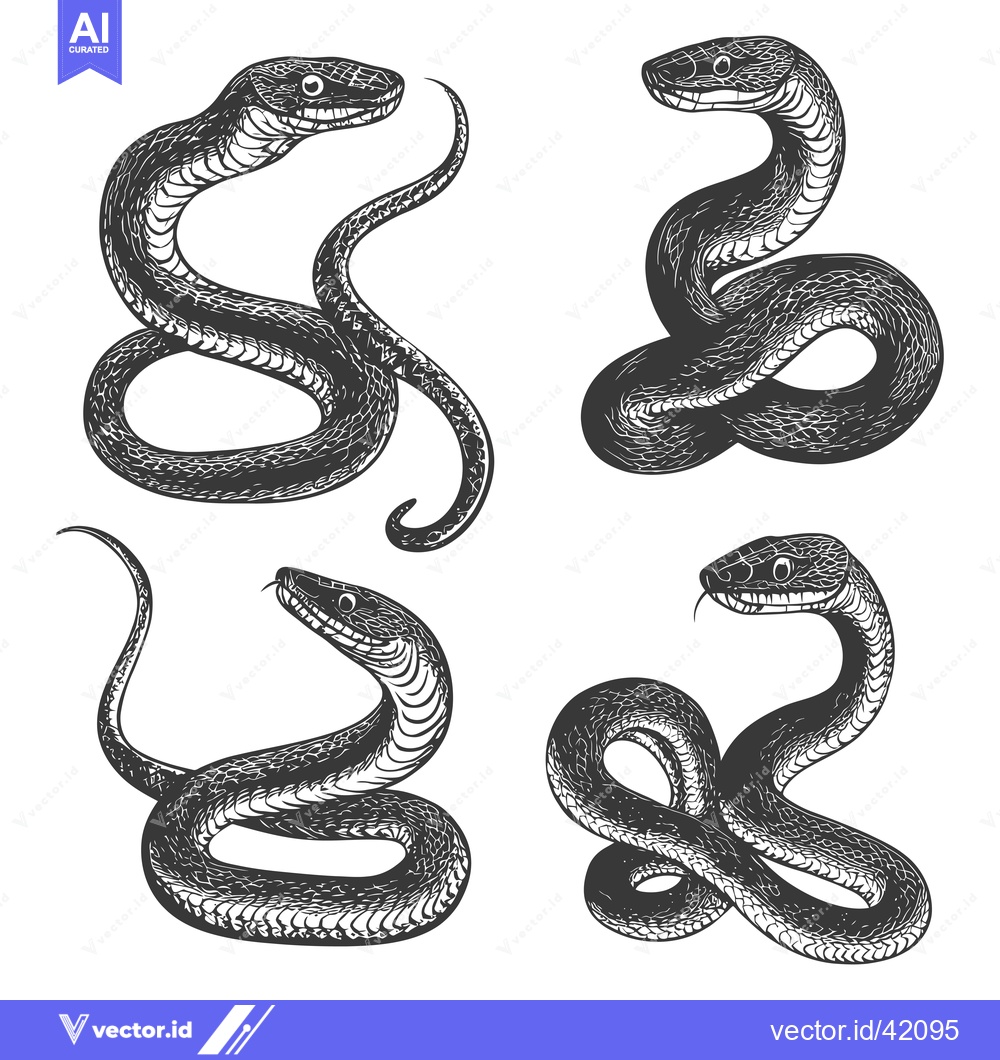 Premium Vector dari Four Detailed Ink Drawings of Snakes in Various Poses