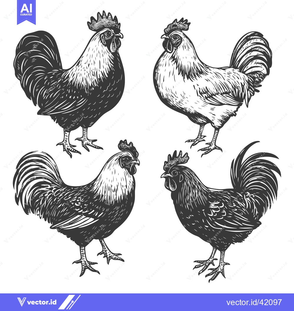 Premium Vector of Four Detailed Rooster Illustrations in Black and White