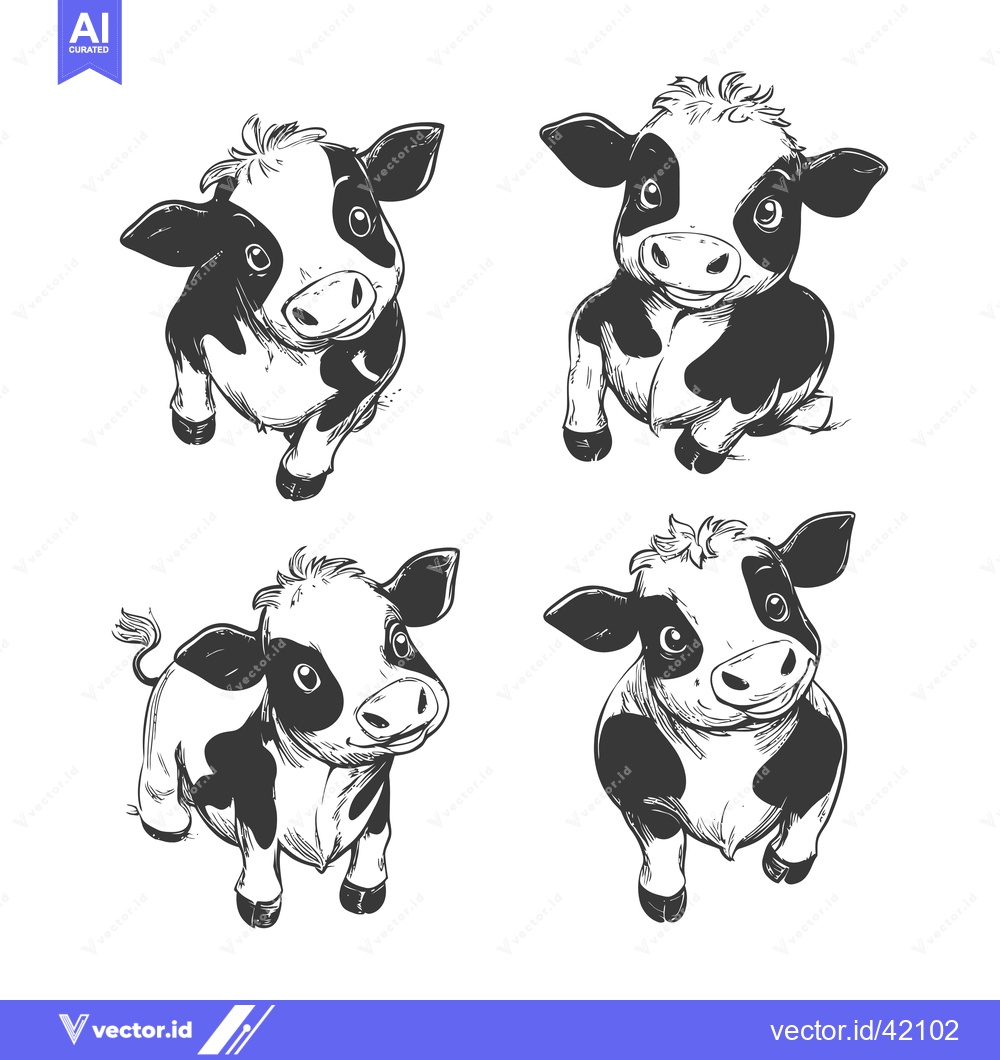Premium Vector dari Four Hand-Drawn Black and White Cows in Various Poses