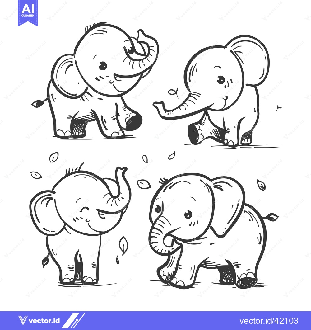 Premium Vector of Four Hand-Drawn Cartoon Elephants with Smiling Faces and Small Tails