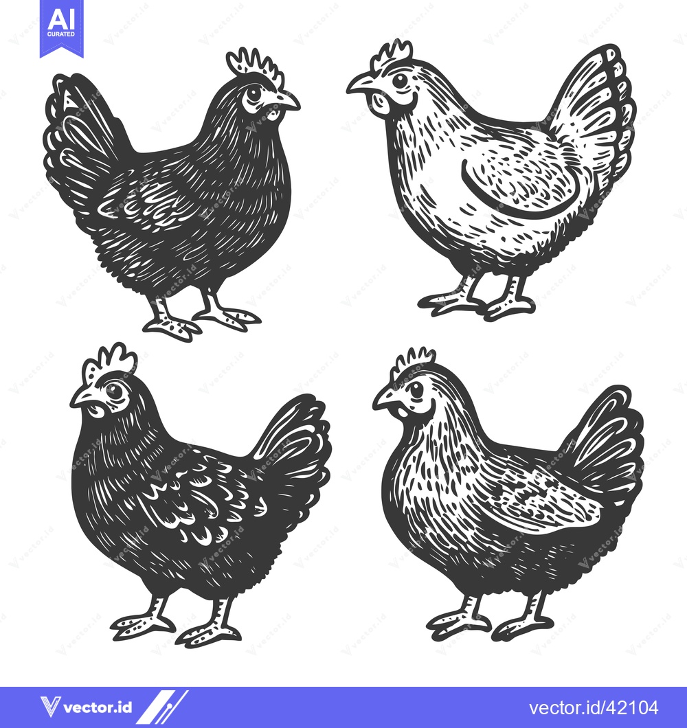 Premium Vector dari Four Hand-Drawn Chickens in Black and White