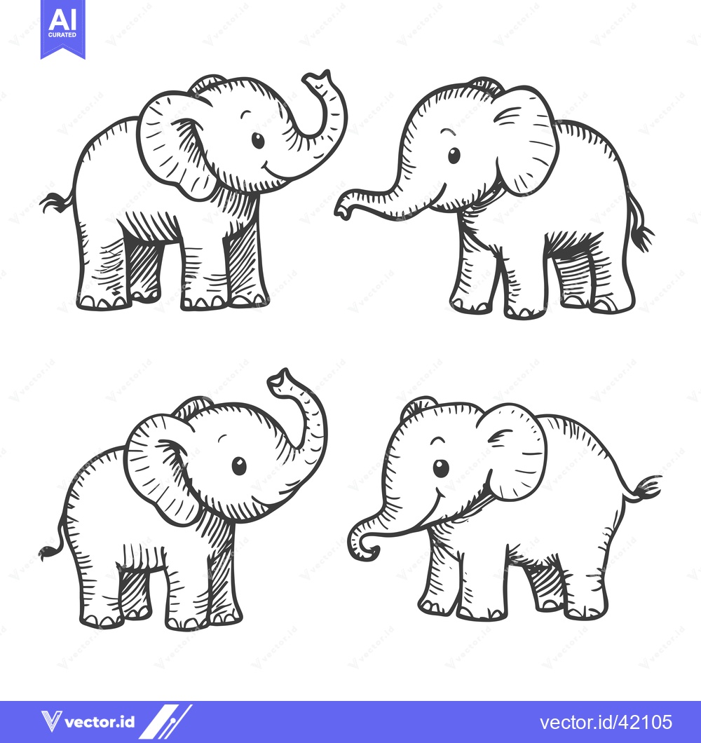 Premium Vector dari Four Hand-Drawn Elephants with Smiling Faces and Upraised Trunks