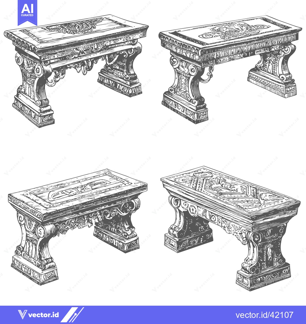 Premium Vector dari Four Hand-Drawn Ornate Stone Benches with Intricate Details