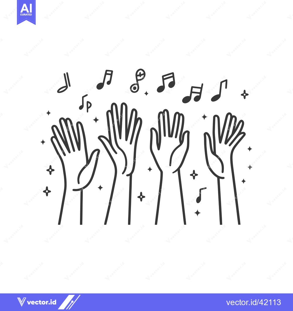 Premium Vector dari Four Hands Raised in Celebration with Music Notes