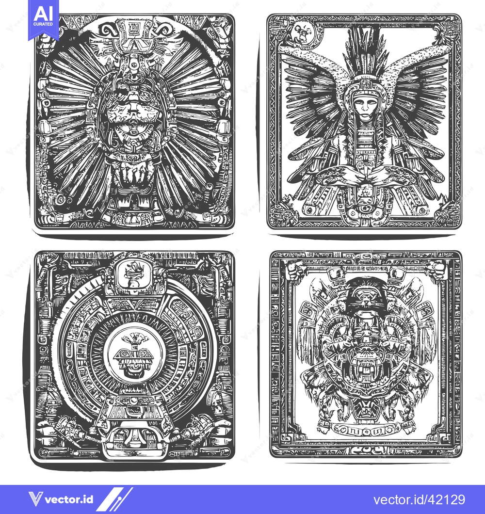 Premium Vector of Four Intricate Black and White Illustrations of Ancient Mesoamerican F