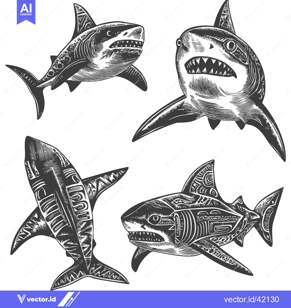 Premium Vector dari Four Intricate Black and White Shark Drawings