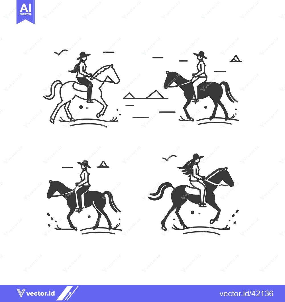 Premium Vector dari Four Line Drawings of Women Riding Horses