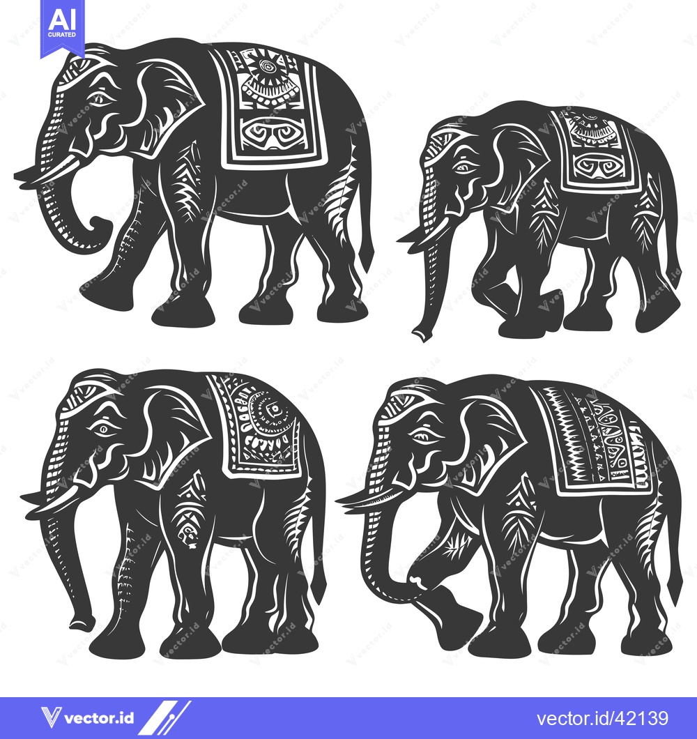 Premium Vector of Four Ornamental Black and White Elephant Silhouettes