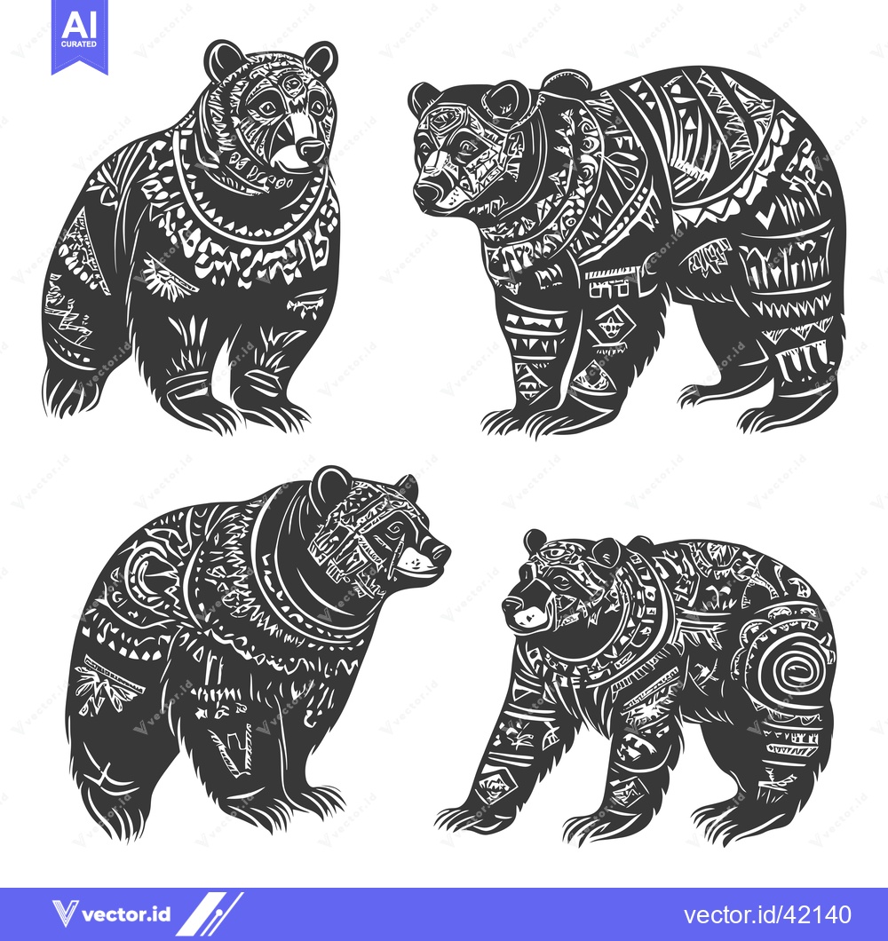 Premium Vector of Four Ornamental Black Bear Silhouettes