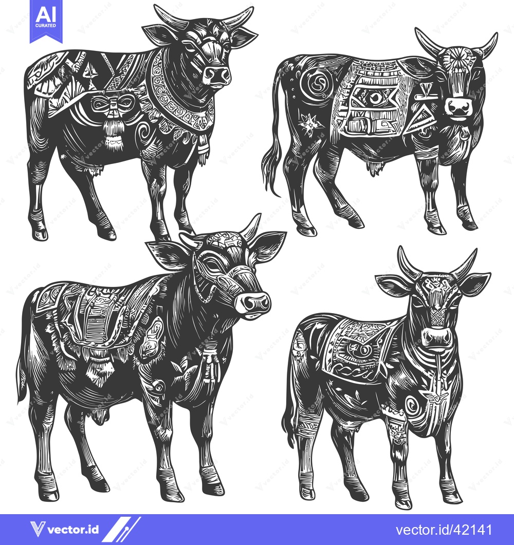 Premium Vector dari Four Ornamental Cows in Black and White
