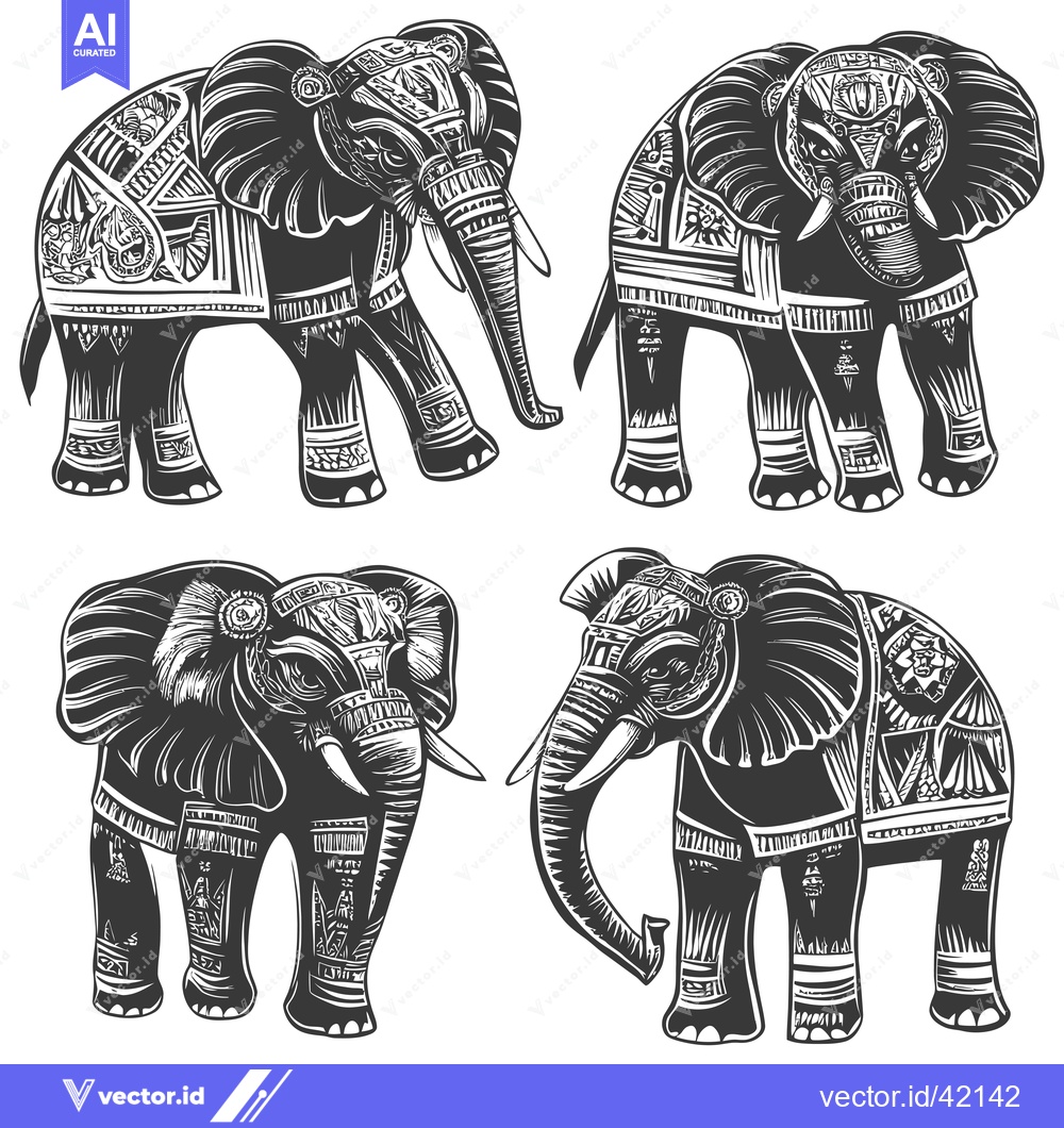Premium Vector dari Four Ornate Black and White Elephants