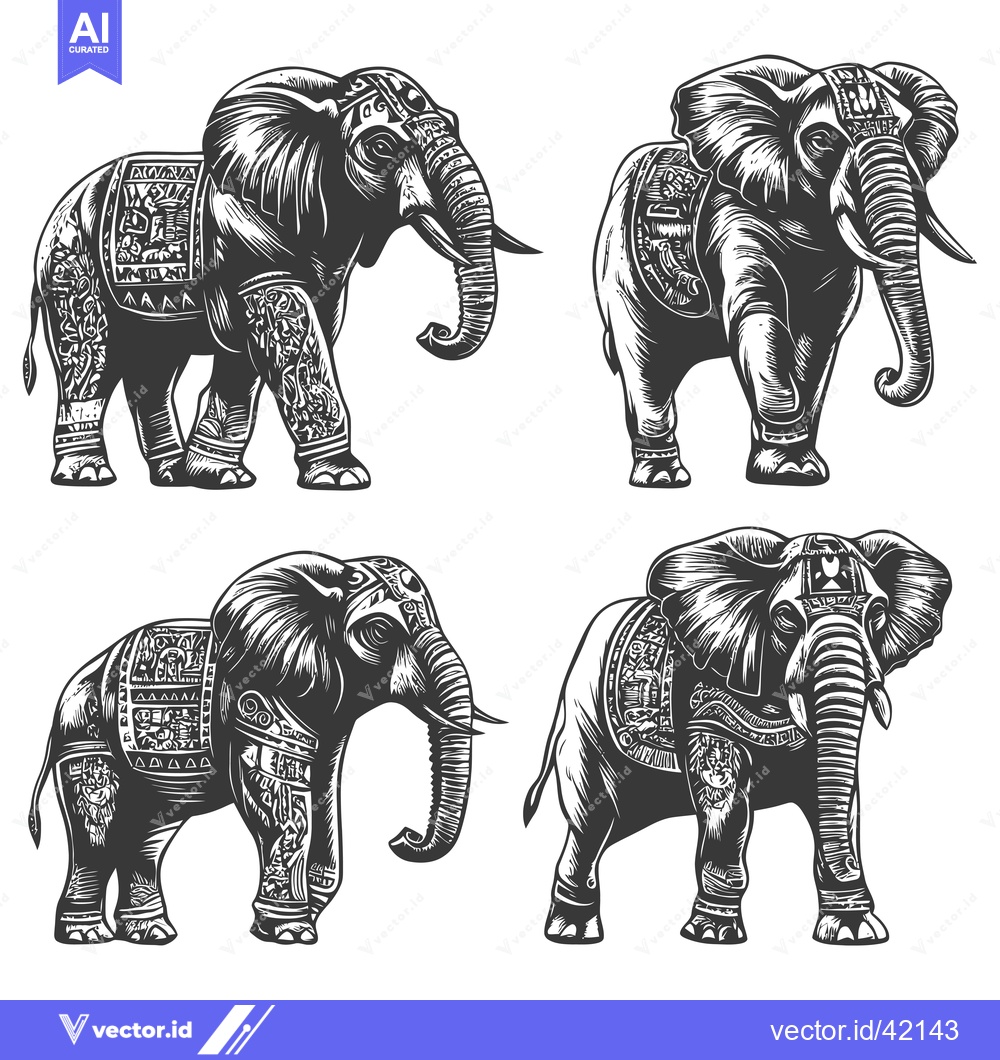 Premium Vector dari Four Ornate Black and White Elephants in Various Poses